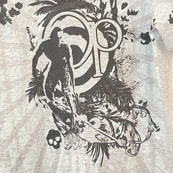 OP Ocean Pacific Small Shirt Top Gray Black Surfer Print Short Sleeve V Neck - Picture 3 of 5